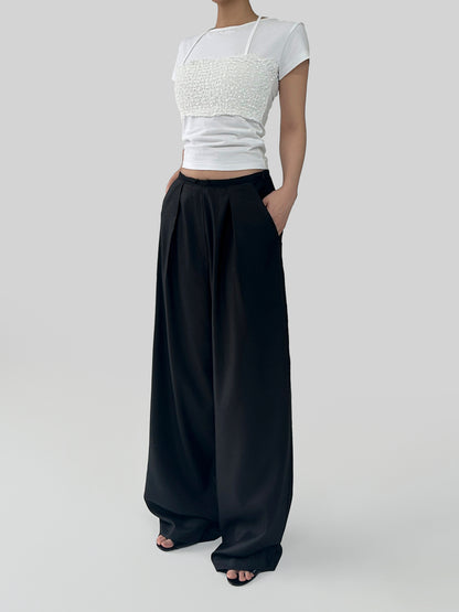 Relaxed Black Wide-Leg Drawstring Pants