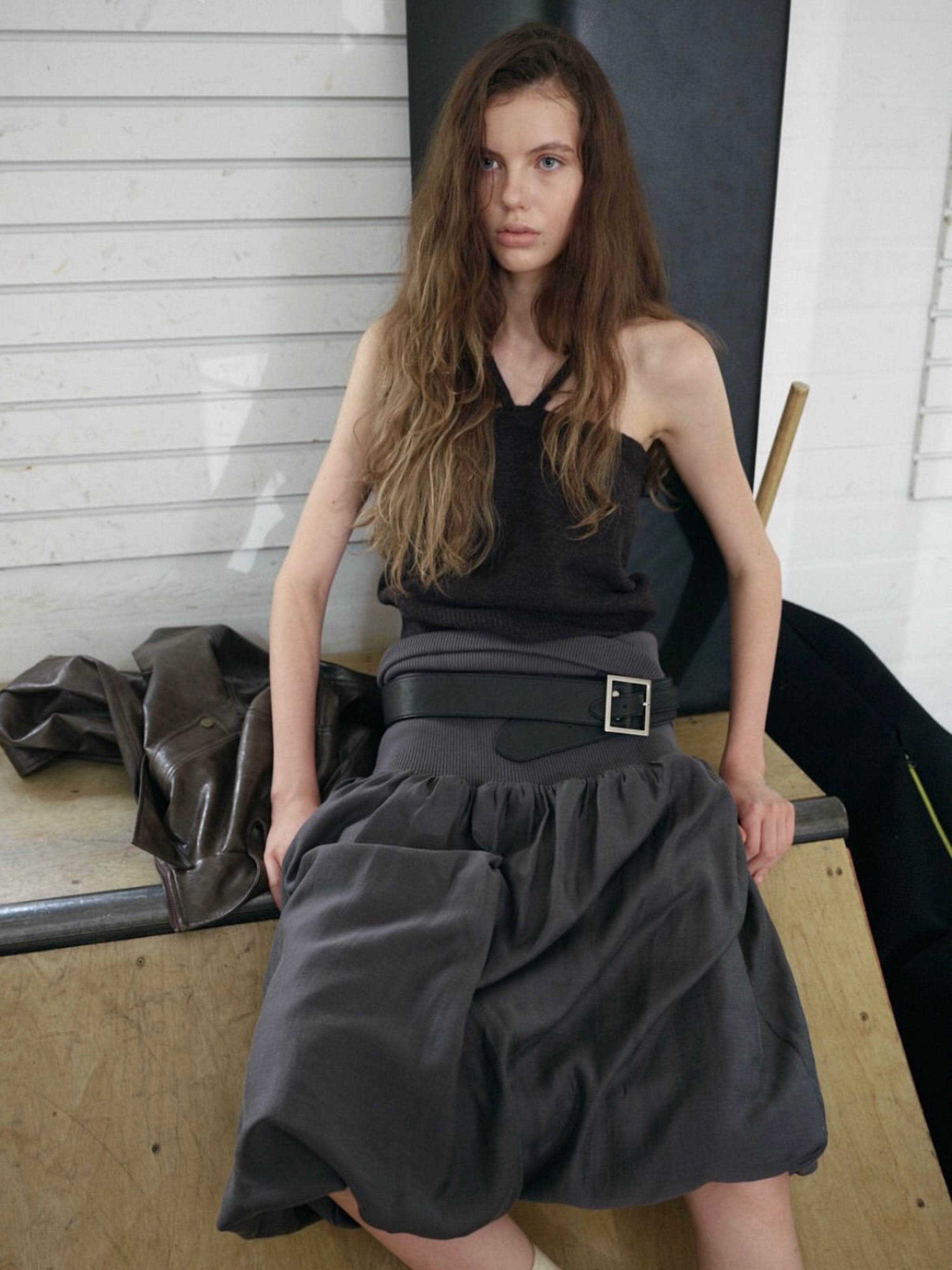 Ribbed Waist Gathered Skirt